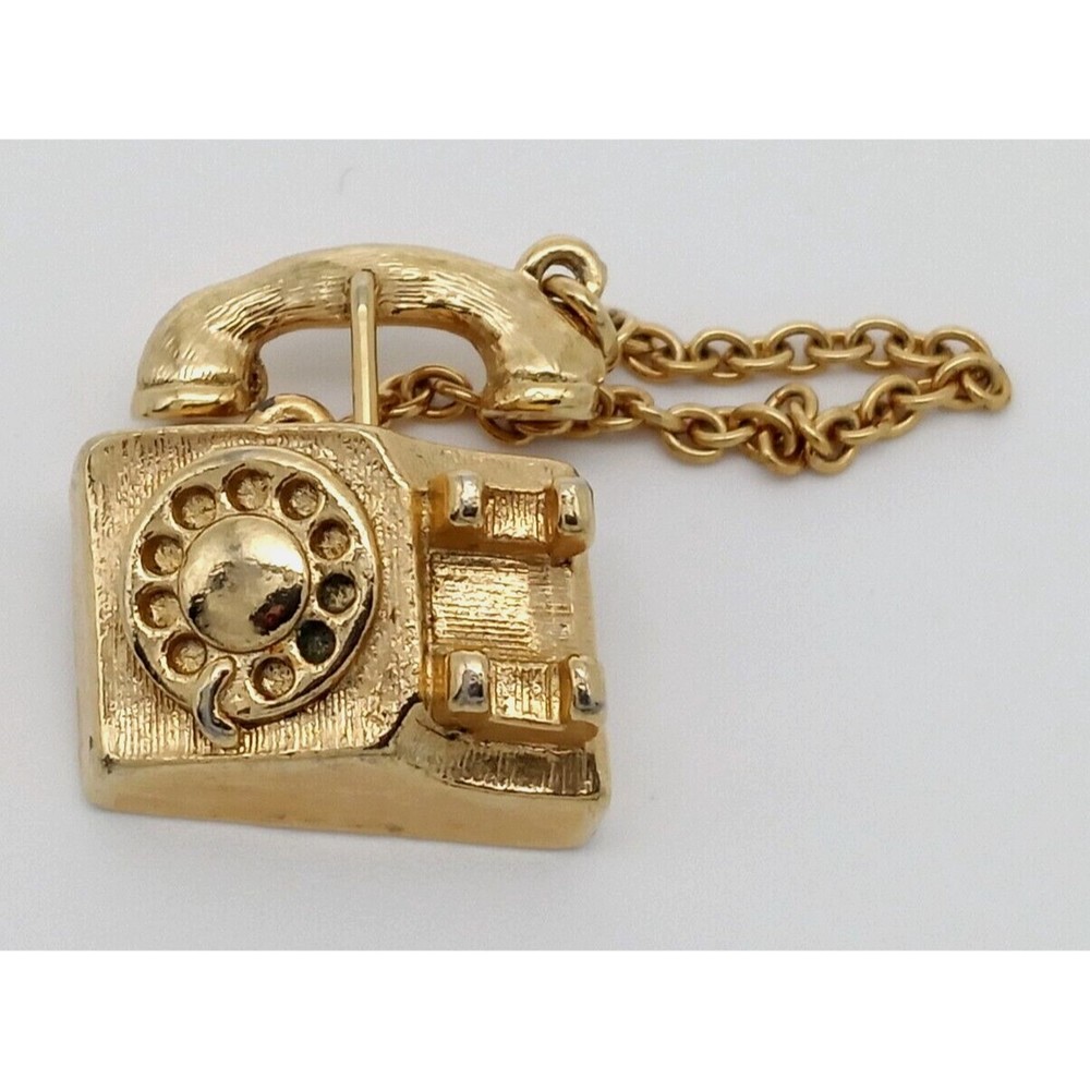 Vintage Avon Telephone Brooch Stick Pin Rotary Phone Brushed Gold Tone Metal